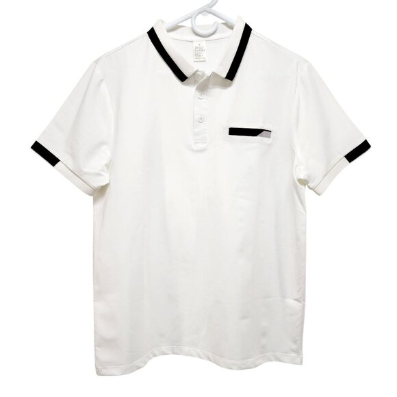 Mens White Polo Shirt With Black Trim Short Sleeve Button Collar Chest  Size S - Picture 1 of 8